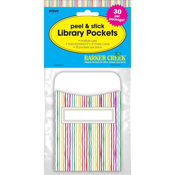 Stripes Peel & Stick Library Pockets, 30/Pack